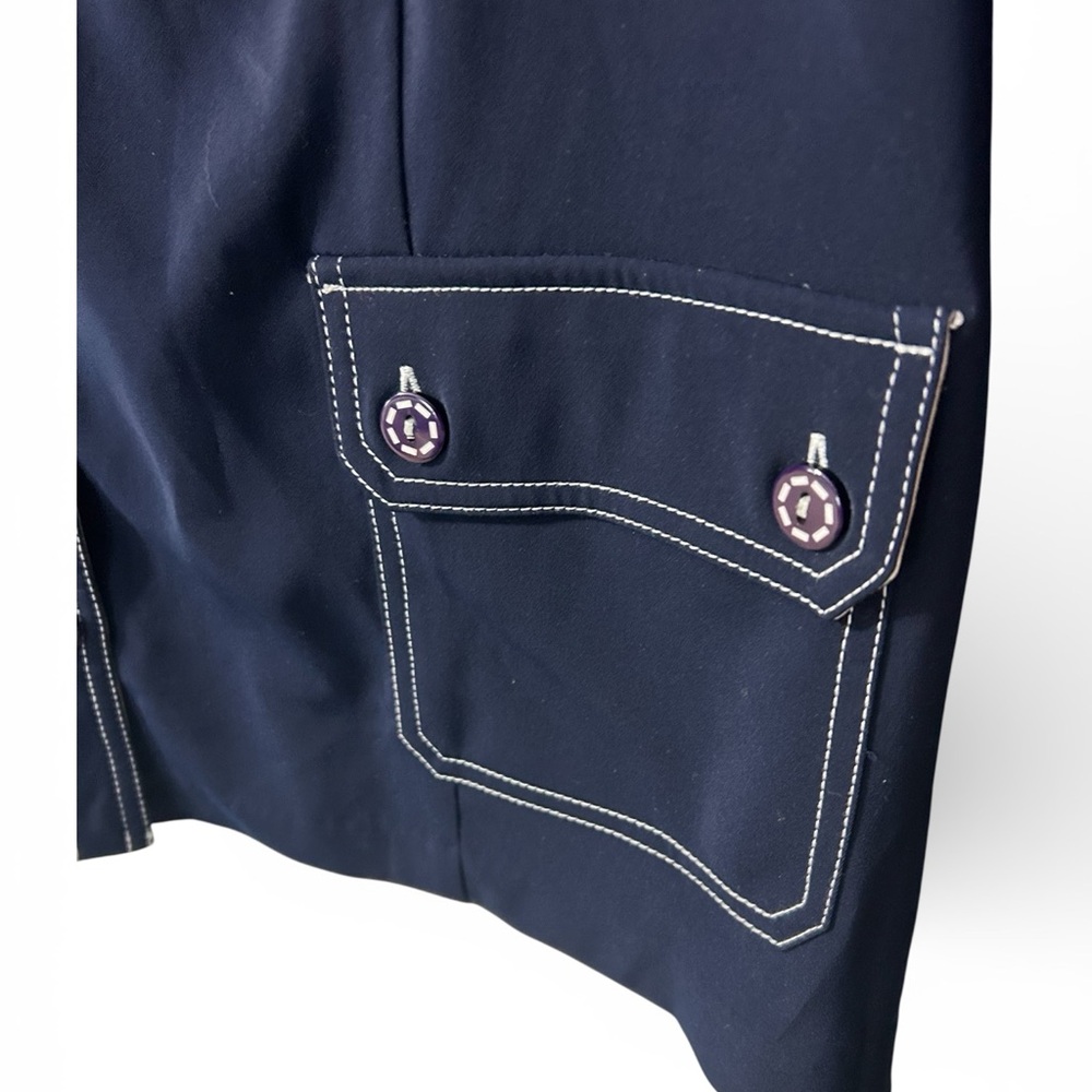 Susan Gravers 2X Petite Navy Button-Up 3/4 Sleeve Blouse with White Stitching - Picture 4 of 6